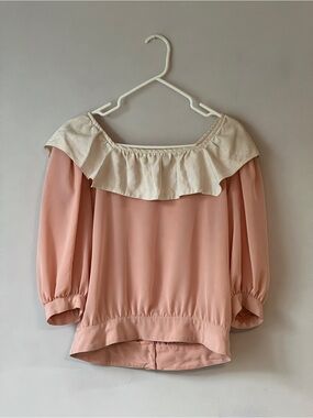 Vintage Nipon Boutique Pink Ruffle Blouse with Cream Trim